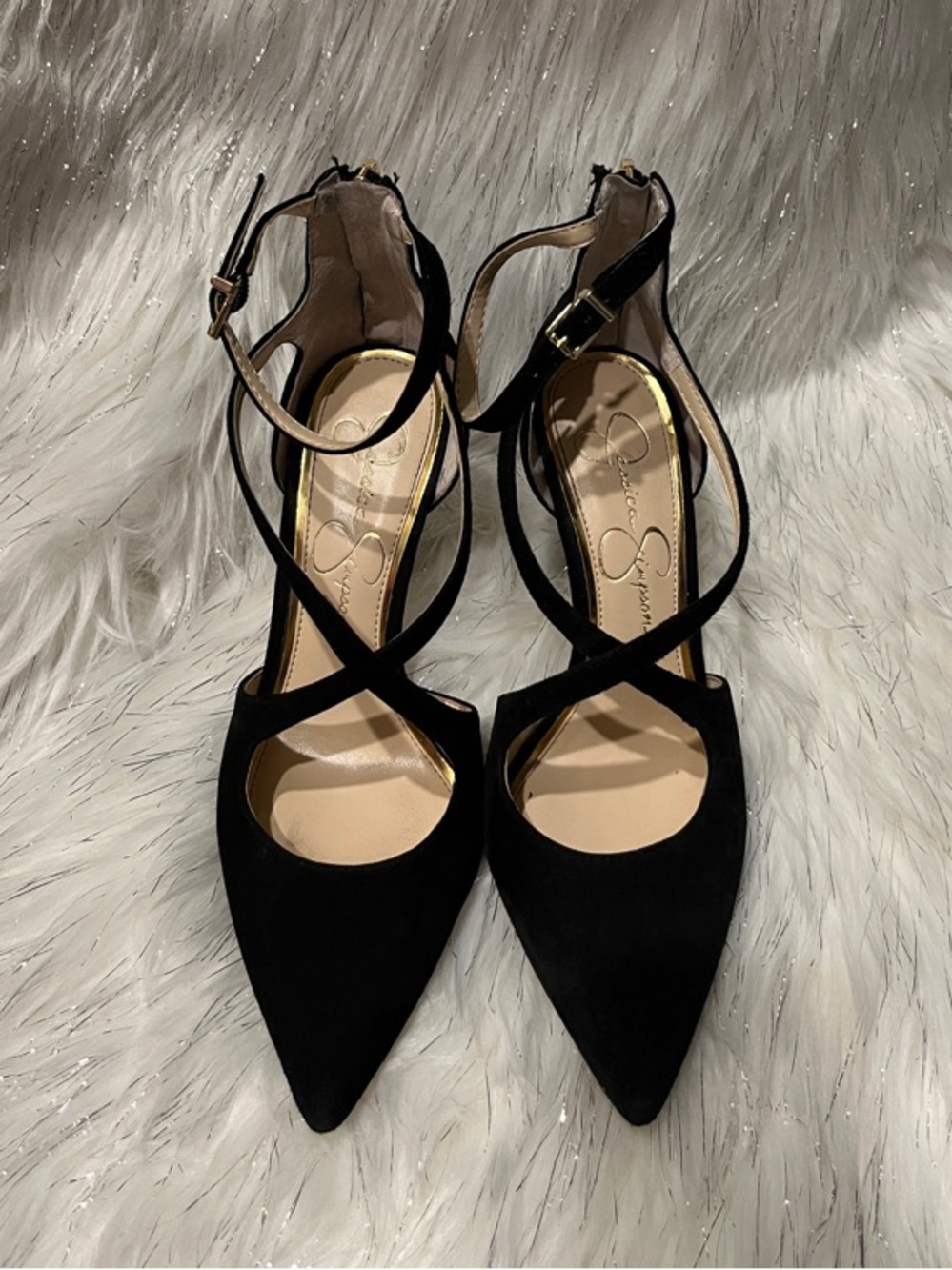 Jessica Simpson Black Pointed-Toe Crisscross Ankle Strap Heels